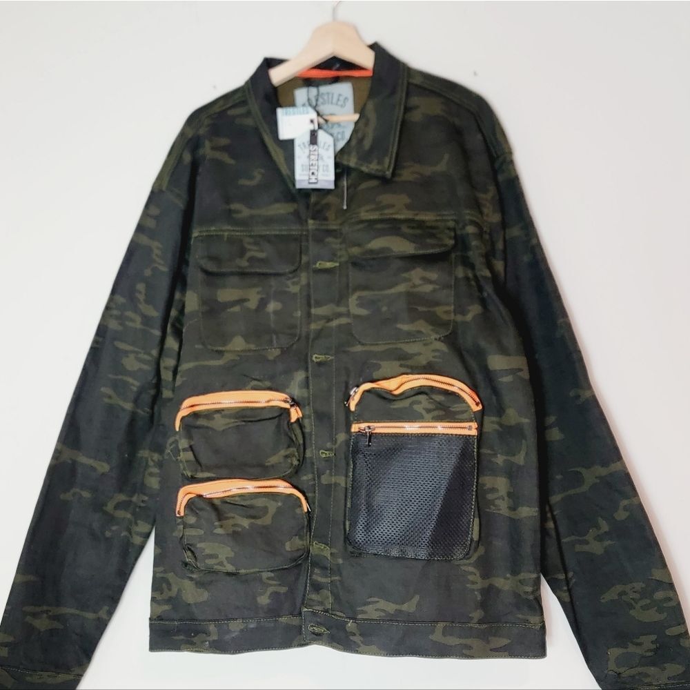 NWT Trestles Supply Co. Green Camo Trucker Jacket  Orange Trim Size 4X